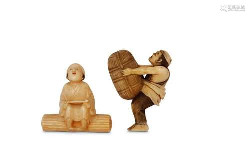 TWO IVORY NETSUKE OF FARMERS. 19th century. Compri