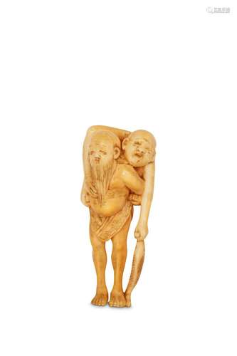 A MARINE IVORY NETSUKE OF ASHINAGA AND TENAGA. 19t