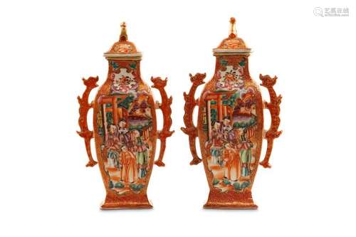 A PAIR OF CANTON FAMILLE ROSE VASES AND COVER. Qin