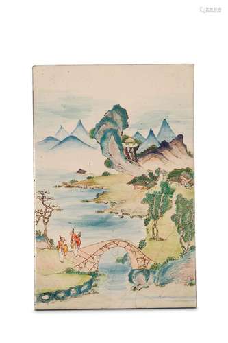 A CANTON ENAMEL ‘LANDSCAPE’ PANEL. Qing Dynasty, 1