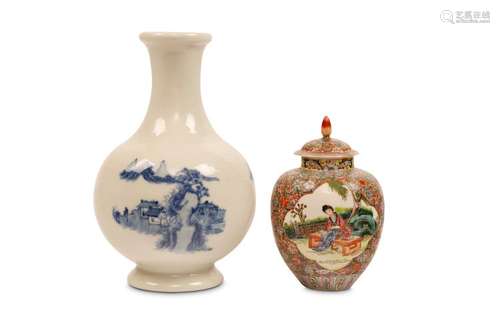 A CHINESE BLUE AND WHITE LANDSCAPE VASE AND COVER