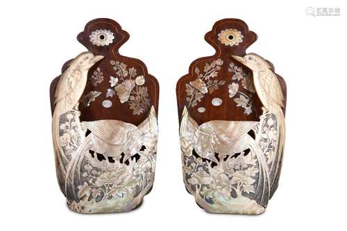 A PAIR OF MOTHER-OF-PEARL-INLAID WALL VASES. Qing