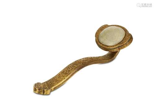 A GILT COPPER JADE-INSET RUYI SCEPTRE. Qing Dynast