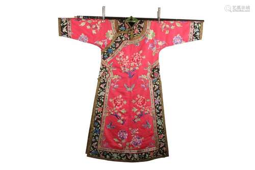 A CHINESE EMBROIDERED SILK LADY’S PINK GROUND ROBE