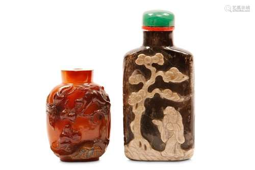 TWO SKIN-CARVED AGATE SNUFF BOTTLES. 19th / 20th C