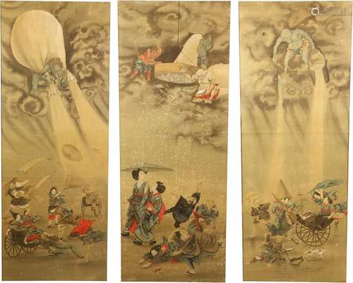 A SET OF SIX PAINTINGS. Meiji period. Ink and colo