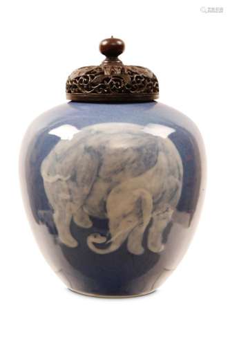 A CHINESE SLIP-DECORATED MONOCHROME BLUE 'ELEPHANT