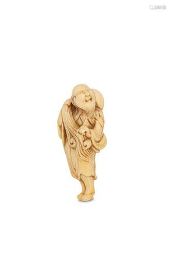 AN IVORY NETSUKE OF AN IMMORTAL WITH A GOURD. 19th