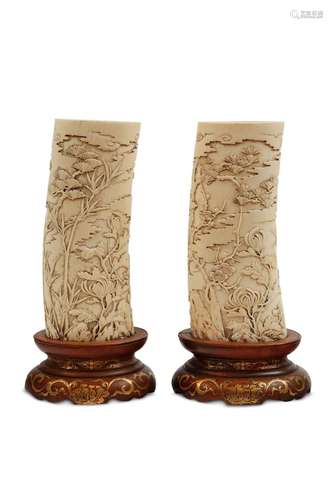 A PAIR OF IVORY BRUSH POTS. Meiji Period. Finely c