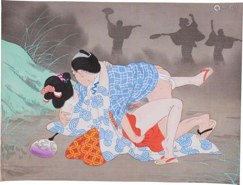 A SHUNGA HAND-SCROLL. 20th Century. Mounted with t