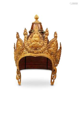 A GILT COPPER LAMA’S CROWN. Mongolia, 19th Century