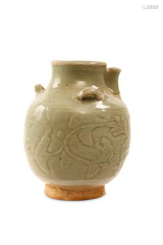 A CELADON EWER. Ming Dynasty. Of globular form on