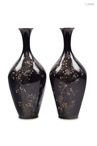 A PAIR OF CLOISONNÉ ENAMEL VASES. Meiji period. Ea