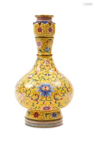 A YELLOW-GROUND CANTON ENAMEL VASE. Second half of