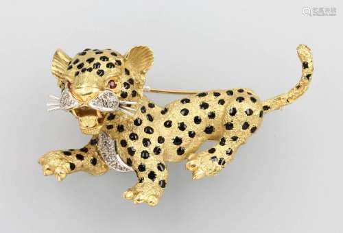 18 kt gold brooch 'leopard' with enamel and diamonds
