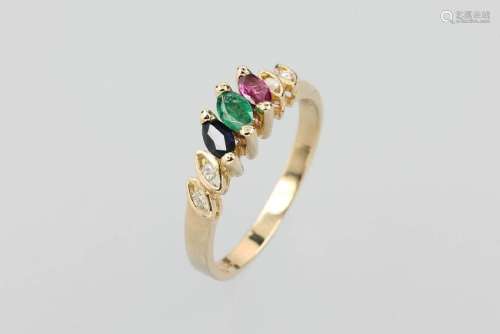 14 kt gold ring with brilliants and coloured stones