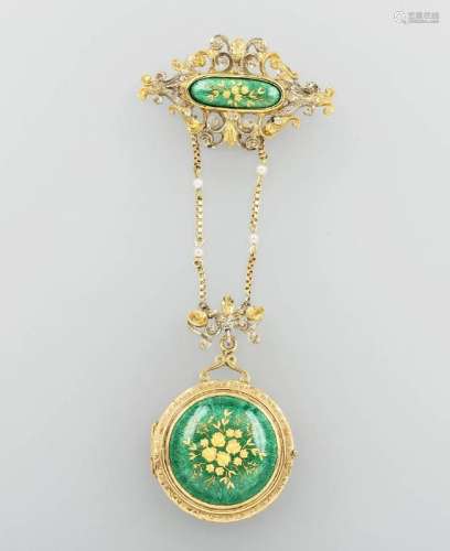 18 kt gold locket pendant with enamel and diamonds