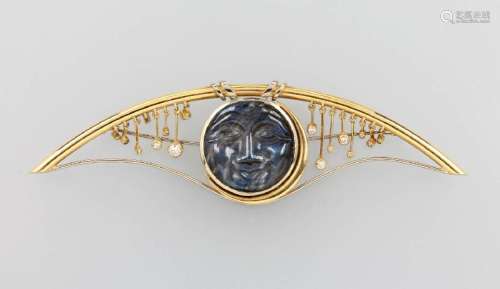 18 kt gold brooch moon and stars with labradorite and
