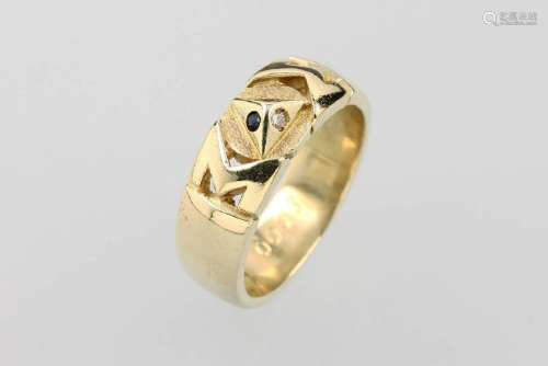 14 kt gold designerring 'owl' with coloured stones and