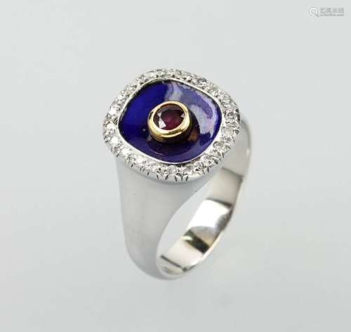 18 kt gold ring with enamel, ruby and diamonds