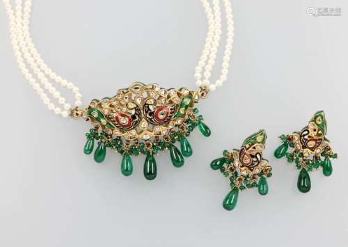 22 kt gold jewelry set with diamond roses and enamel