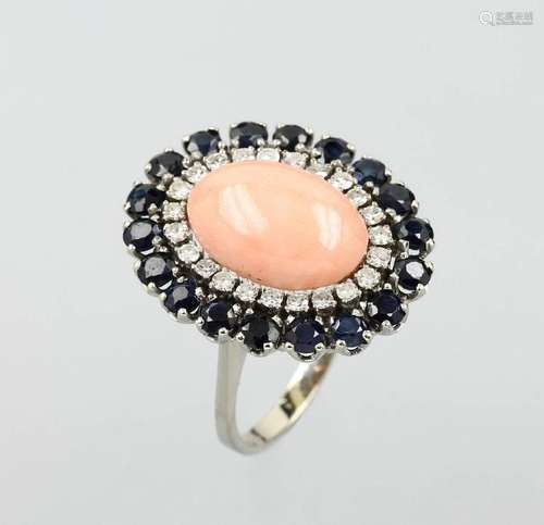 18 kt gold ring with coral, sapphires and diamonds