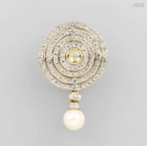 18 kt gold brooch with cultured pearl and diamonds