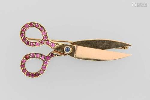 14 kt gold brooch 'scissor' with rubies