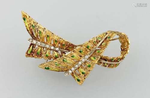 18 kt gold brooch with diamonds and enamel