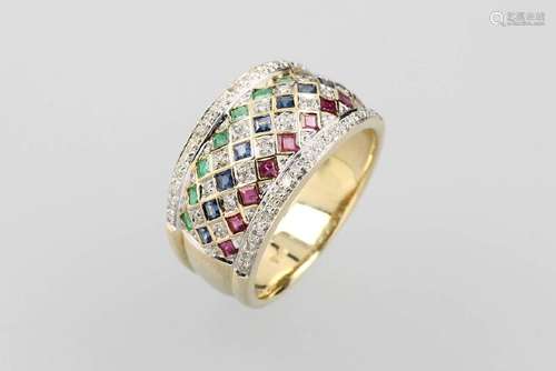 14 kt gold ring with coloured stones and brilliants