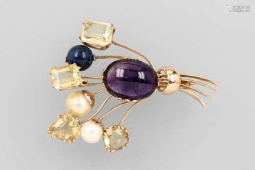 18 kt gold brooch with coloured stones