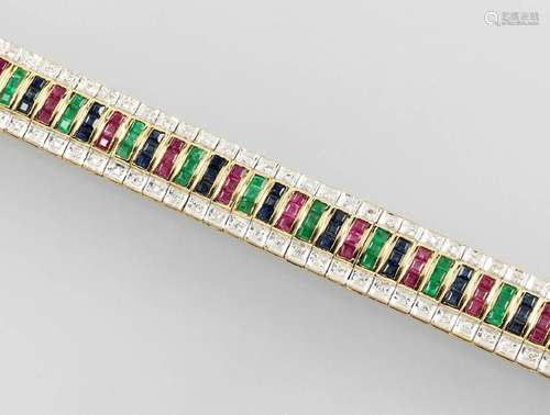 18 kt gold bracelet with coloured stones and diamonds