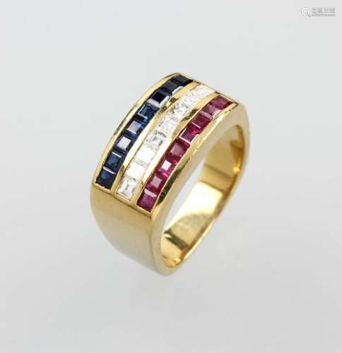 18 kt gold ring with diamonds and coloured stones