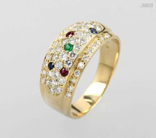 18 kt gold ring with brilliants and coloured stones