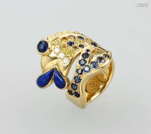18 kt gold ring 'fish' with brilliants and coloured