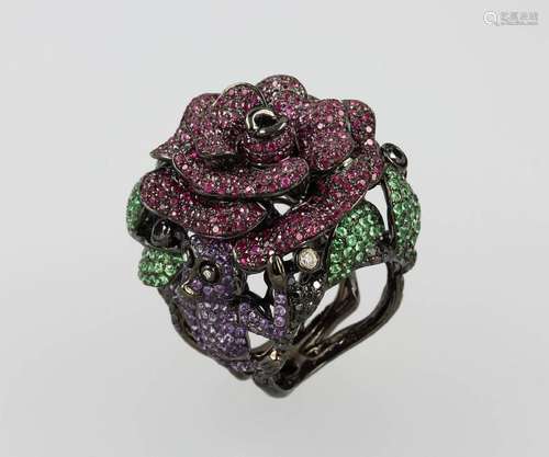 18 kt gold ring with coloured stones and diamonds