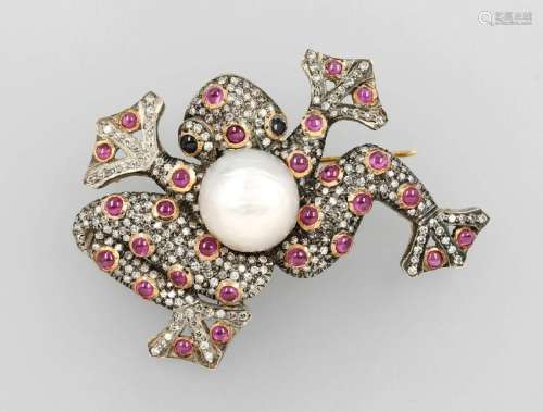 18 kt gold brooch 'FROG' with coloured stones