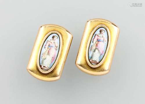 Pair of 14 kt gold cuff links with enamel painting