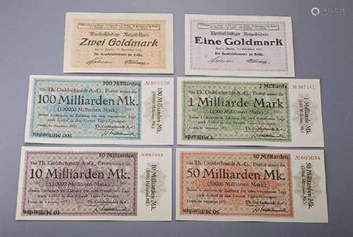 Lot 6 banknotes, German Reich, comprised of: 1x 1