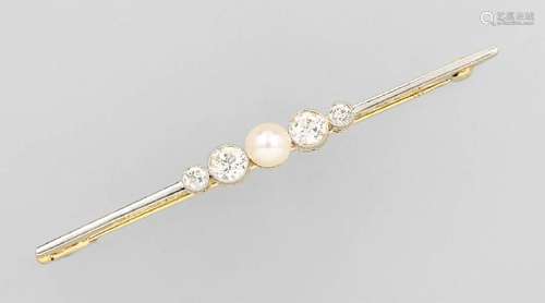 Art-Deco brooch with diamonds and pearl, YG 585/000 and