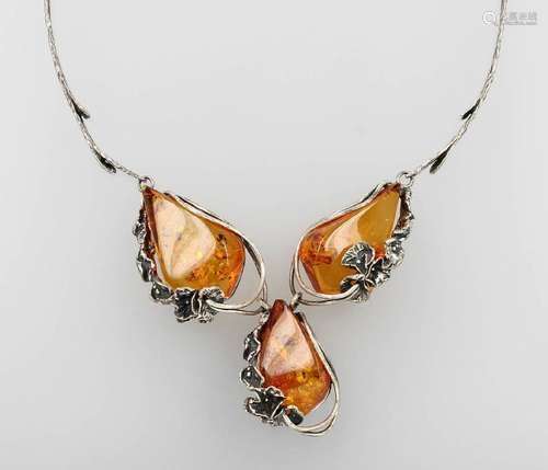 Necklace with amber, silver, Poland