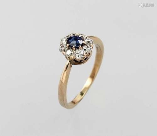 14 kt gold blossom ring with diamonds and sapphire