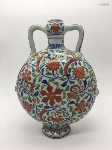 A COLOR RED GREEN FLOWER PATTERN FLAT VASE YUAN&MING DYNASTY