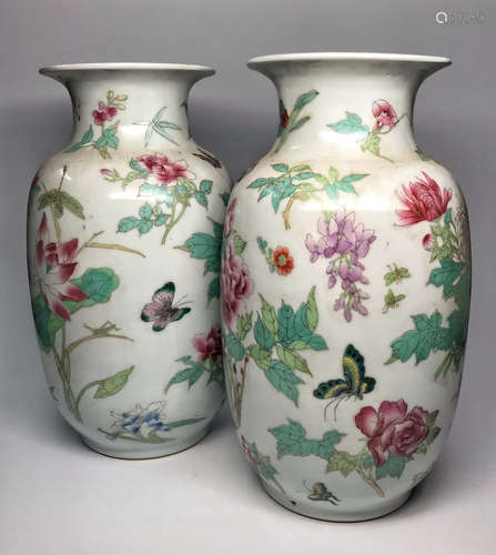 A PAIR OF  POWER ENAMEL CHRYSANTHENMUM PEONY BUTTERFLY DESIGN VASE