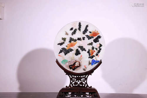 A QING DYNASTY WHITE JADE FAN WITH ROSEWOOD BASE