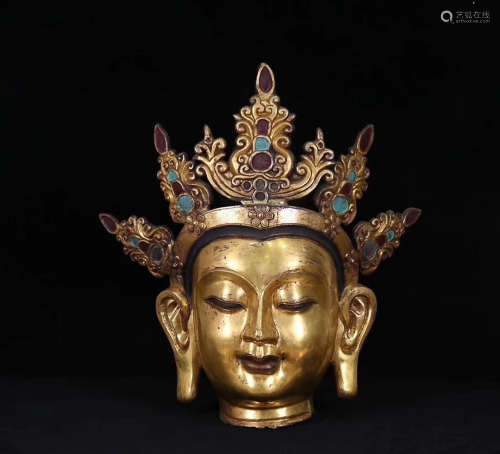 A TIBETAN GILT BUDDHIST HEAD STATUES ,MING DYNASTY
