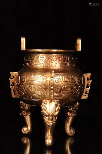 A TANG DYNASTY BRONZE GILT TRIPOD INCENSE CENSER