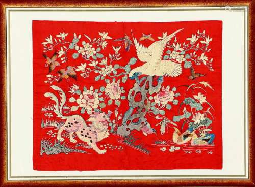 Fine Chinese 'Silk-Embroidery' (Fo-Dog With Birds &