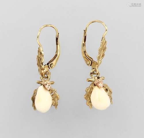 Pair of 14 kt gold earrings with deer canines