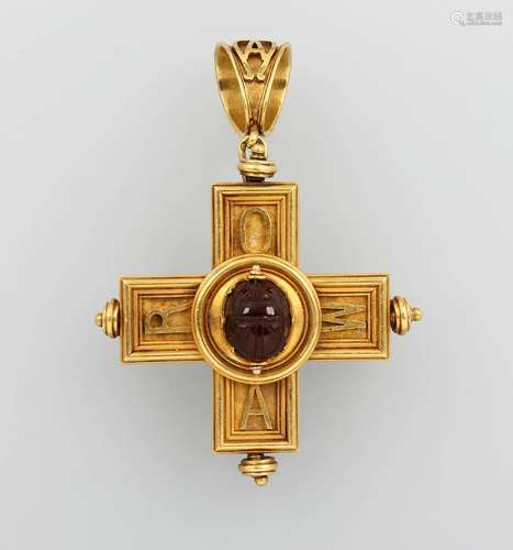 18 kt gold crosspendant/-brooch with carnelian-scarab